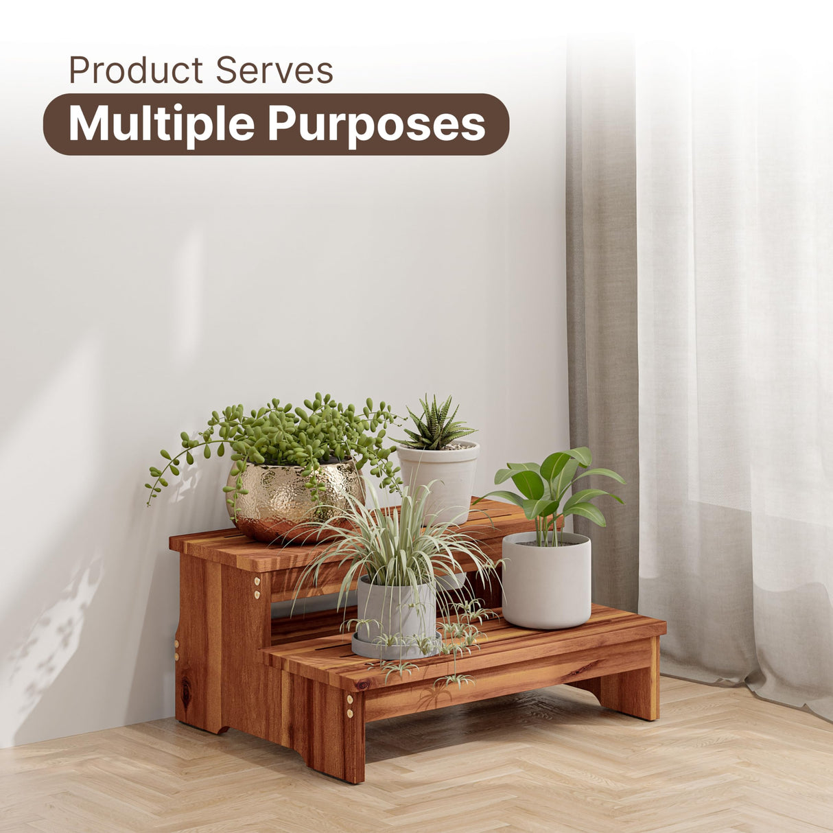 TINAMO 25" Long Step Stool for Adult & Kid - Wooden Two Step Stool 500 Lbs - Riser 2-Step Spa & Hot Tub Stairs for Pool - Heavy Duty 2 Step Stools for Bed, Kitchen, Indoor/Outdoor (Acacia Wood) Tinamo