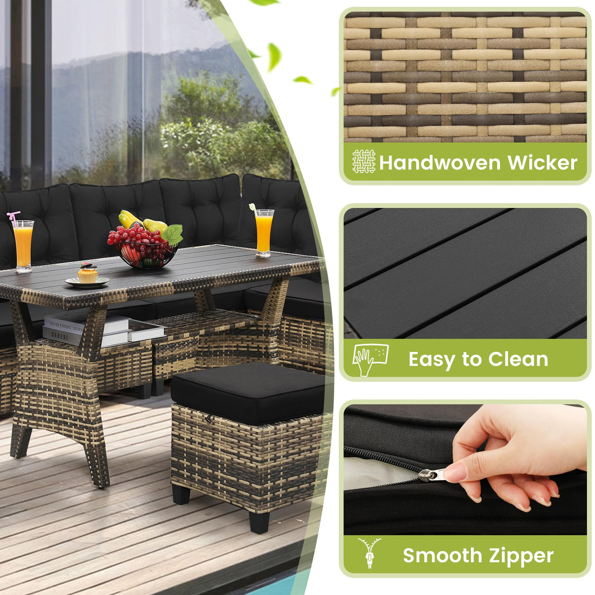 KROFEM 6-Piece Outdoor Patio Furniture Set - Sectional Sofa, Dining Table & Chairs Included, All-Weather Dining Set with Ottoman, Natural Wicker and Black Cushions KROFEM