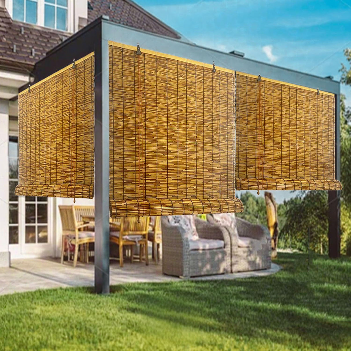 Bamboo Shades Blinds 65" 34" 38" 62" 52" 26" 36" Bamboo Roller Blinds Blackout Roll Up Shades for Windows Outdoor Privacy Cordless Reed Curtain(74" W x 48" H) Generic