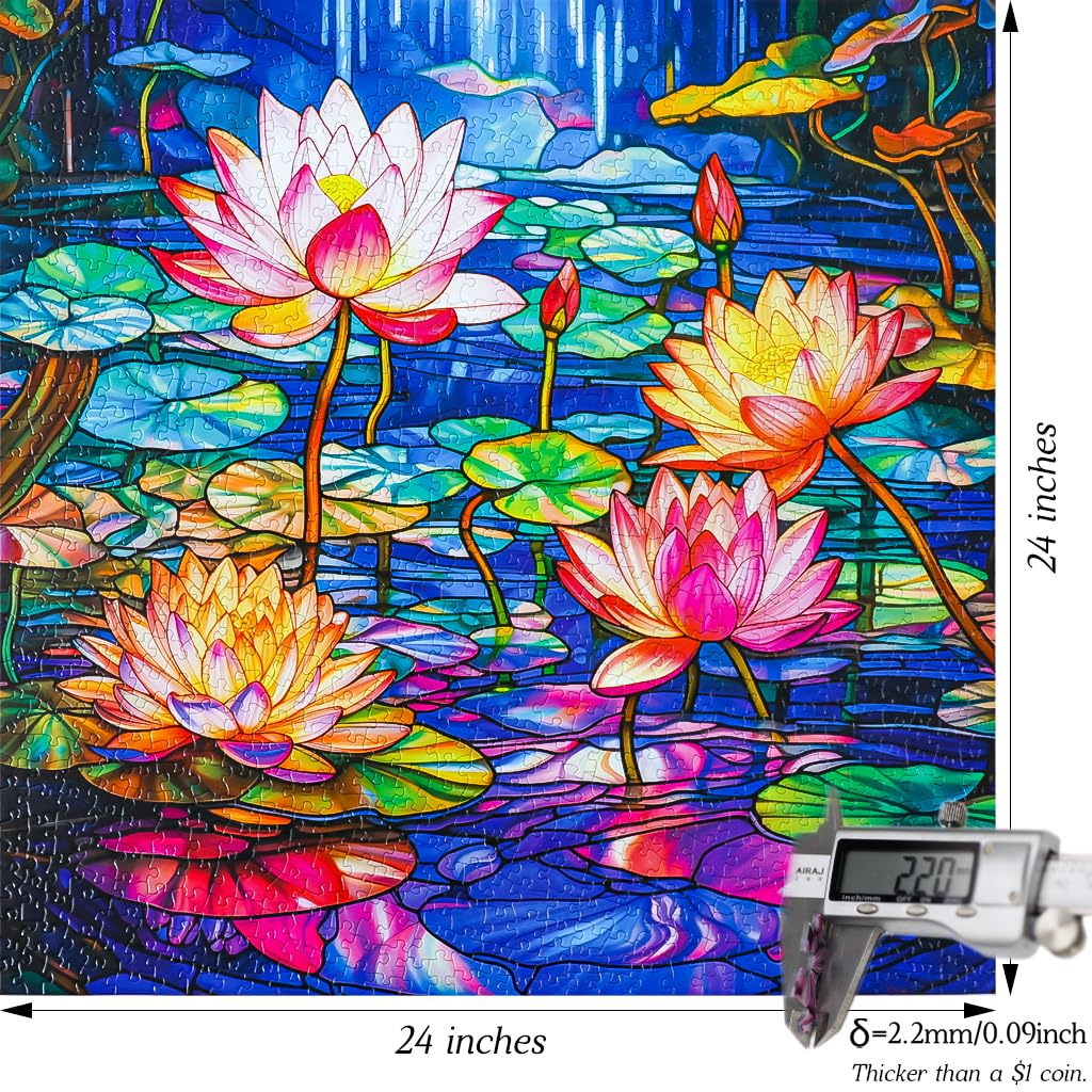 Bgraamiens Puzzle-Stained Glass Waterlily-1000 Pieces Stained Glass Puzzle for Adults, Stained Glass Art Puzzle with Flowers, Impossible Puzzle Color Challenge Puzzle for Adults Bgraamiens