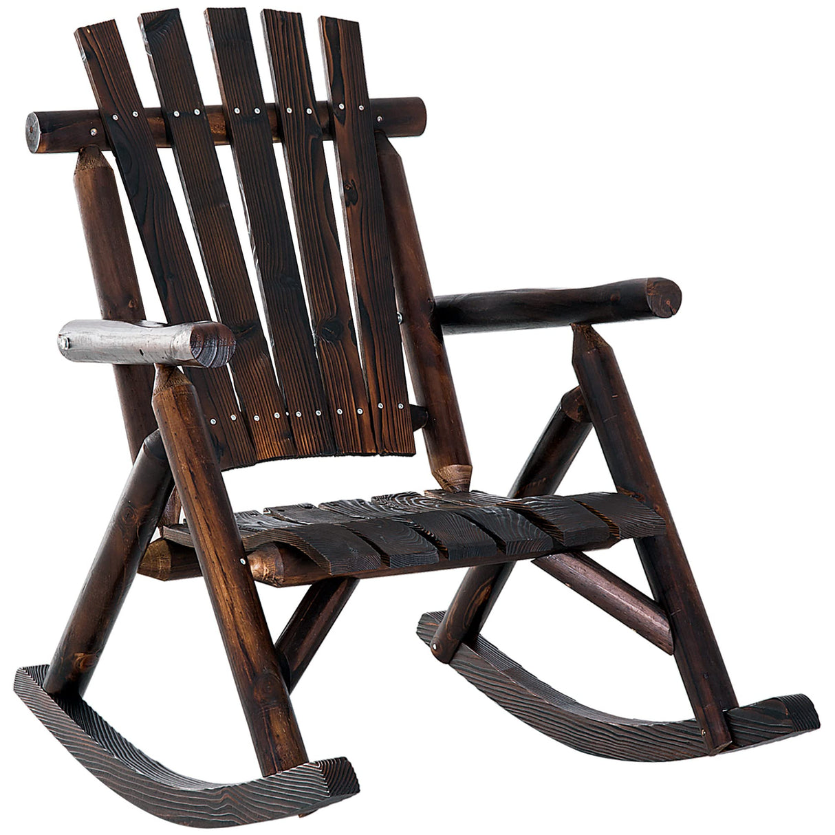 Outsunny Outdoor Wooden Rocking Chair, Single-Person Rustic Adirondack Rocker with Slatted Seat, High Backrest, Armrests for Patio, Garden and Porch, Brown Outsunny