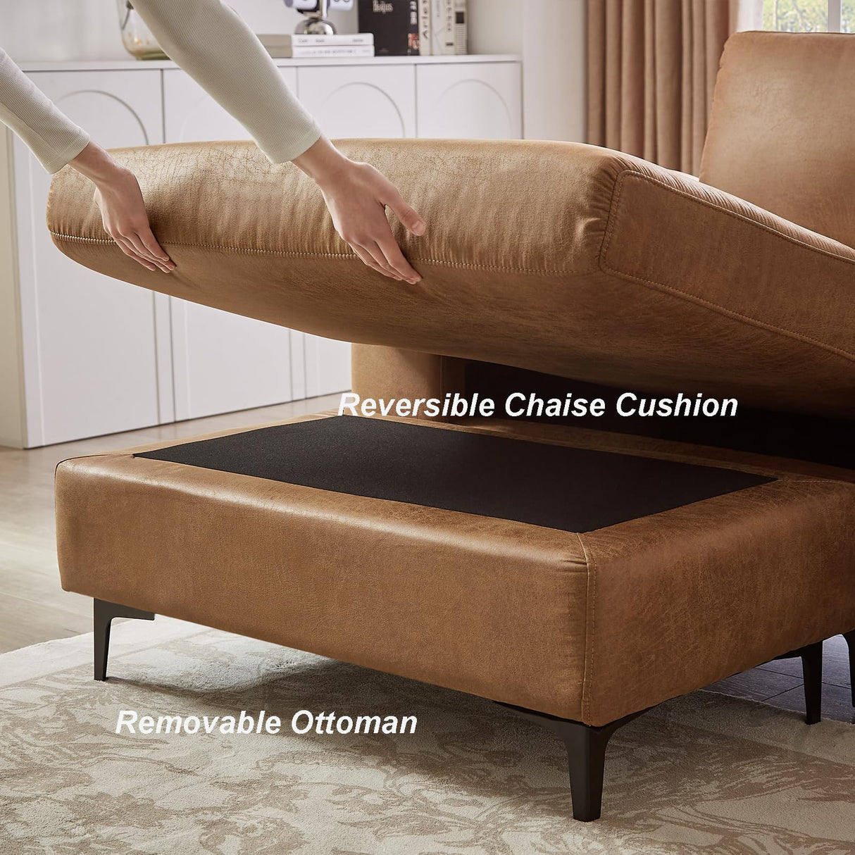 100.8" Sectional Sofa,Faux Leather Couch with Reversible Chaise,Mid-Century L Shaped Sofa Couch for Living Room, Apartment,Office (Brown, Sofa with Chaise) Chorlenimi