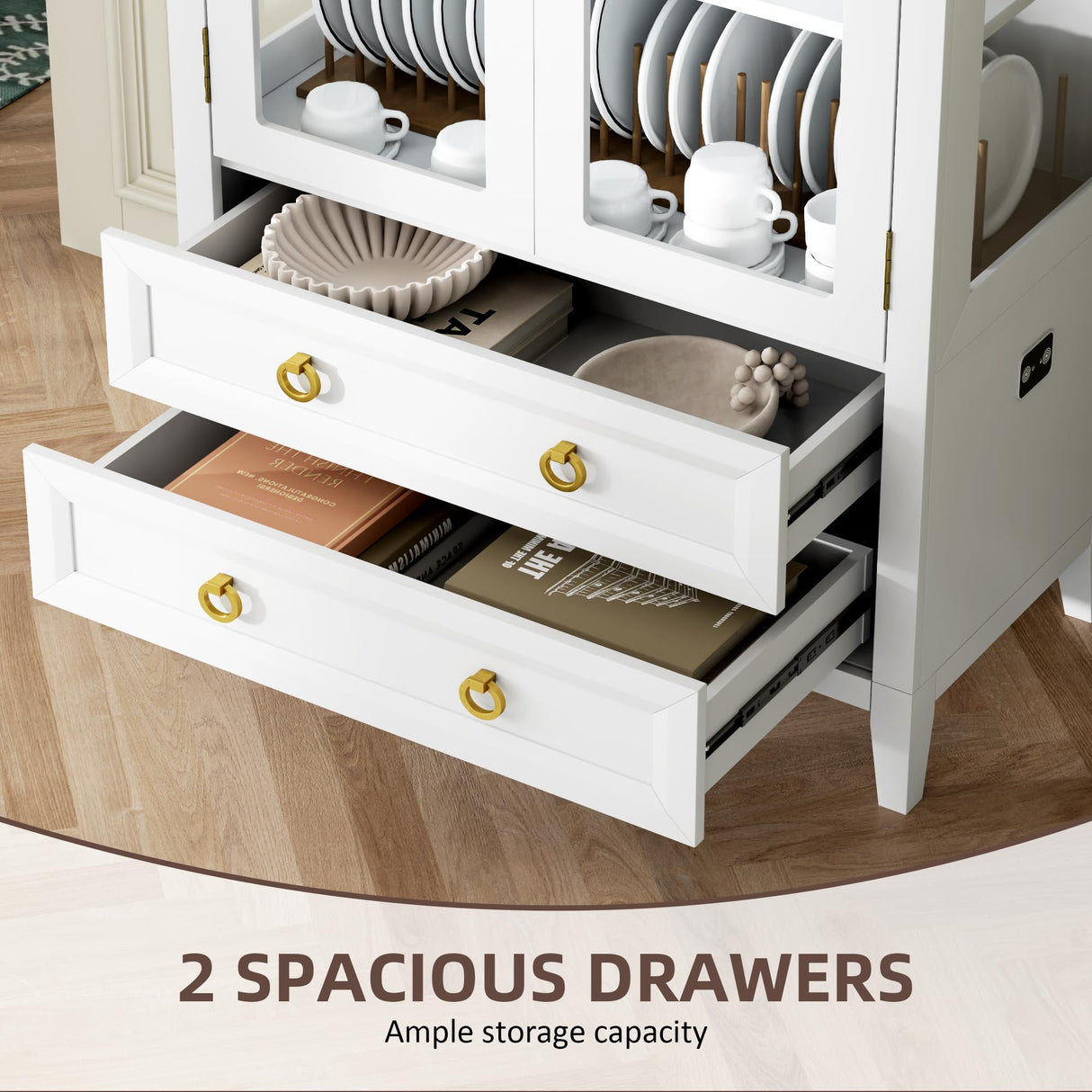 Vlsrka 71 Inch Arched Curio Cabinet, 4-Tier Display Cabinet and 2 Drawers, Tall Bookcase with 3 Color Lights, Display Case with Glass Doors, Kitchen Pantry, White Vlsrka