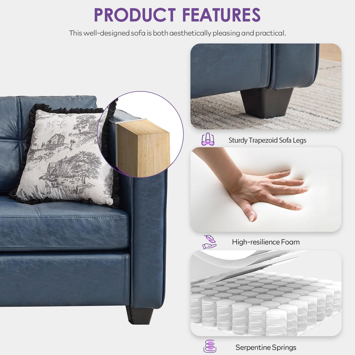 TYBOATLE 88" W Faux Leather Couch w/Side Pockets, Mid-Century Modern Tufted Comfy Leather Couches w/USB and Wider Arms, 3 Seater Sofa for Office, Apartment, Bedroom, Blue (Blue, 3 Seater) TYBOATLE