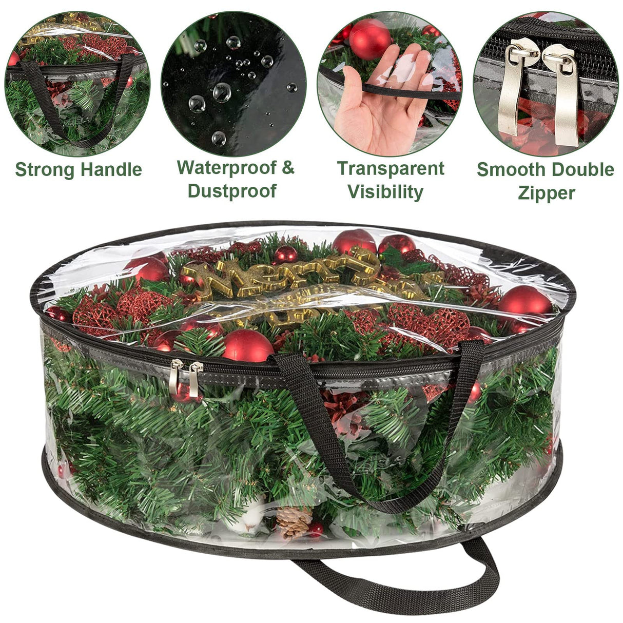 4 PCS Clear Wreath Storage Bag, 24x8 Inch Christmas Wreath Storage Container, Heavy Duty PVC Wreath Protector with Handle for Xmas Holiday Seasonal Wreath Garland (Black) EATHEATY