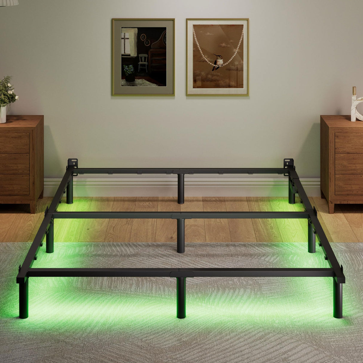 SHOANED Full Size Bed Frame with LED, 7 Inch Metal Steel Bedframe for Box Spring and Mattress, Heavy Duty Basics Bed Base, Noise Free, Easy Assembly, Black, Adjustable SHOANED