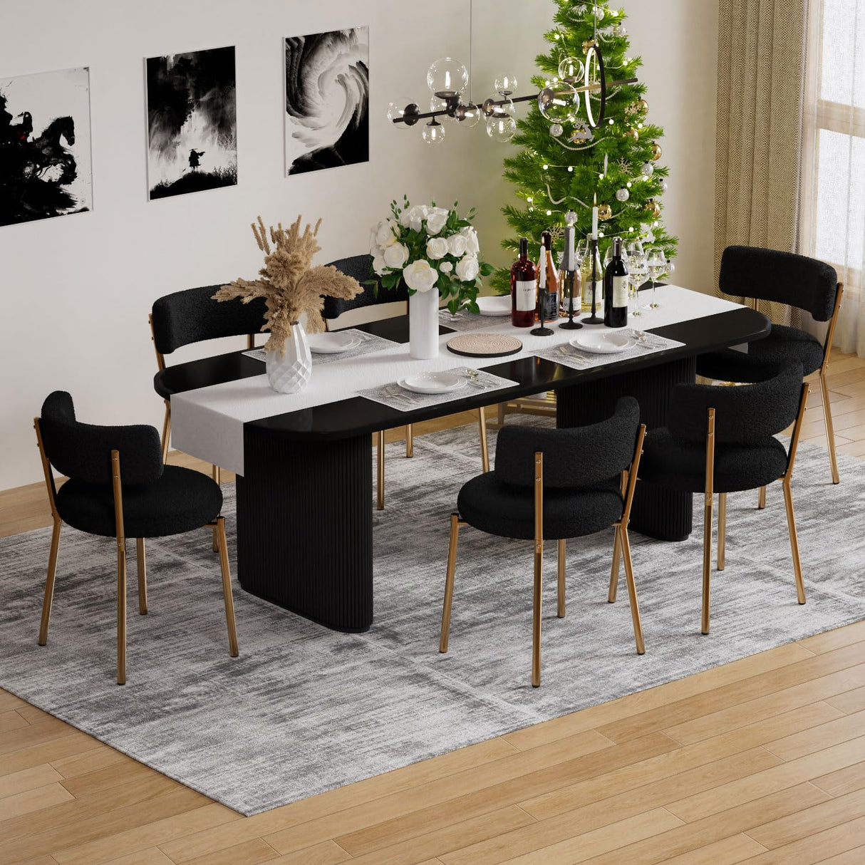 HAIZAO Modern Dining Chairs Set of 4, Round Upholstered Boucle Sherpa Dining Chairs, Curved Backrest Kitchen Dining Room Chairs, Mid-Century Black Dining Chair with Golden Metal Legs HAIZAO