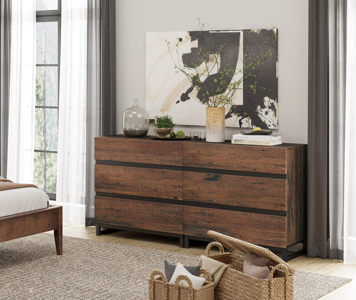 WAMPAT 3 Piece Dresser and Nightstand Sets, 63 Inches Dresser &Chest with 6 Drawers, 2 Nightstand with 2 Drawers Side Table for Bedroom, Bedroom Furniture Set,Brown WAMPAT