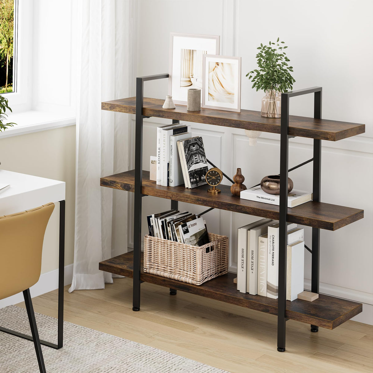 OtterOasis Heavy Duty 3-Tier Industrial Bookcase, 39" Wide Wood Bookshelf for Home Office, 120lbs Shelf Capacity, Rustic Open Shelving Display with Reinforced Horizontal Shelf for Living Room Bedroom OtterOasis