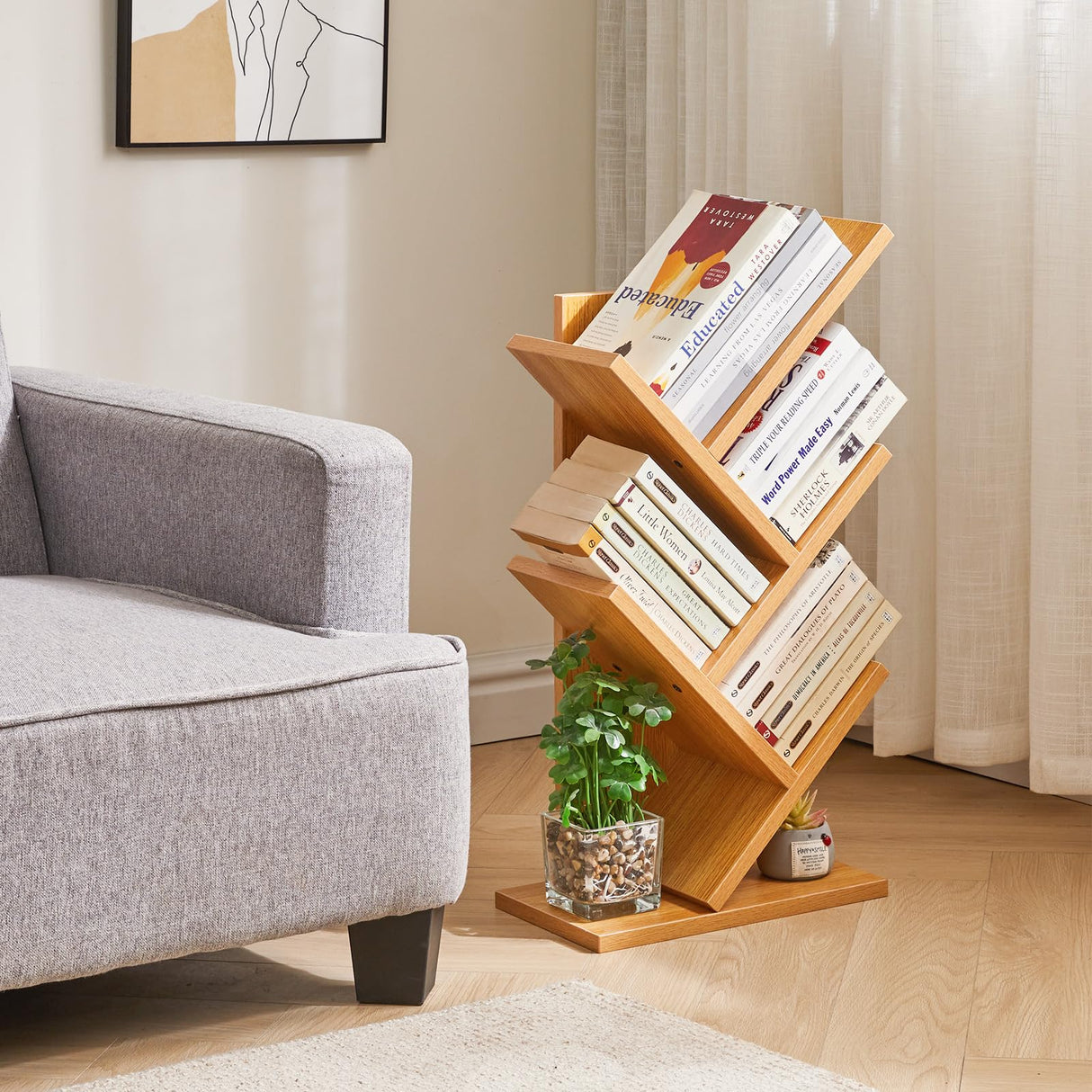 YMYNY 4 Tier Tree Bookshelf, Small Bookcase, Modern Wood Book Storage Rack, Freestanding Book Shelf for Books/Movies/CDs, Narrow Display Rack for Living Room, Home Office, Natural UHBC014N YMYNY