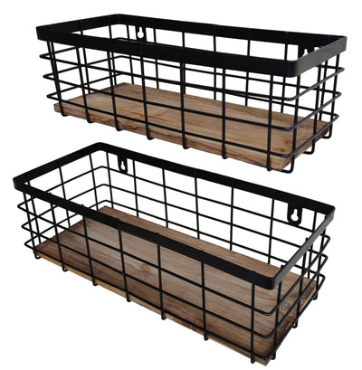 ShabbyDecor Black Metal Wire Basket Set with Detachable Wood Base – Farmhouse-Style Storage Organizers for Home and Kitchen
