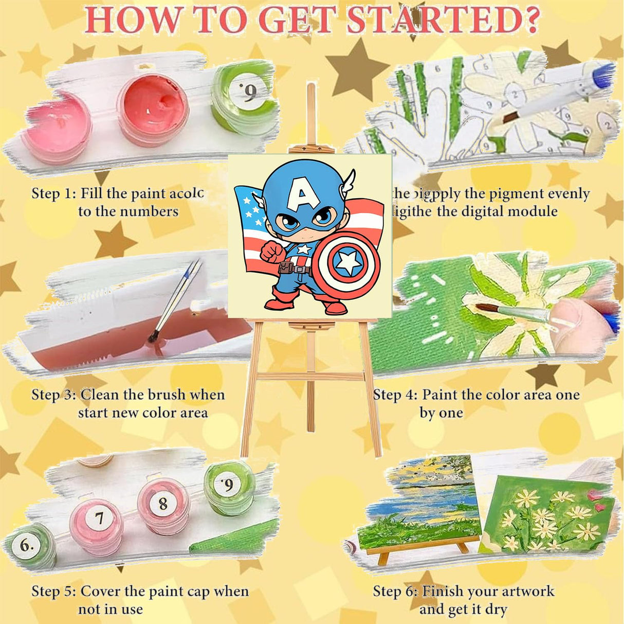 Sretoul 4 Pack Paint by Numbers Kit for Kids with Frame- Cartoon Painting Kits for Kids Ages 4-8, Cartoon Paint by Numbers with Frame 8x8 Inch Sretoul