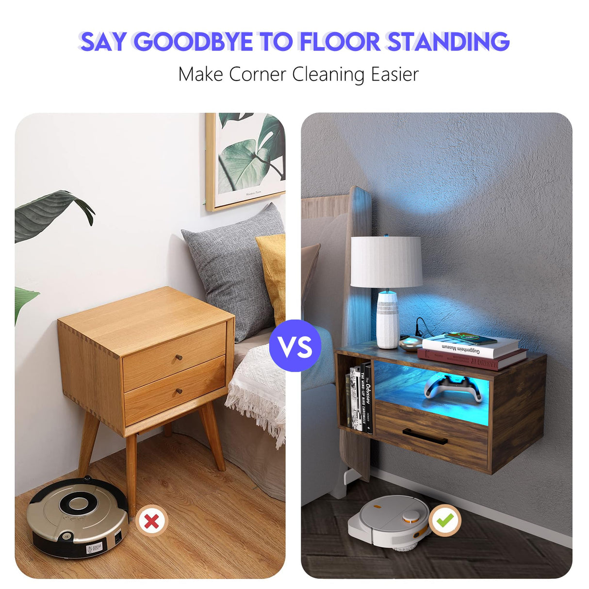 Homaterial Floating Nightstand with Charging Station and LED Lights, Floating Bedside Table with Drawers Wall Mounted Nightstands,for Bedroom Room, 21.3" x 11.8" x 10",Rustic Brown Homaterial