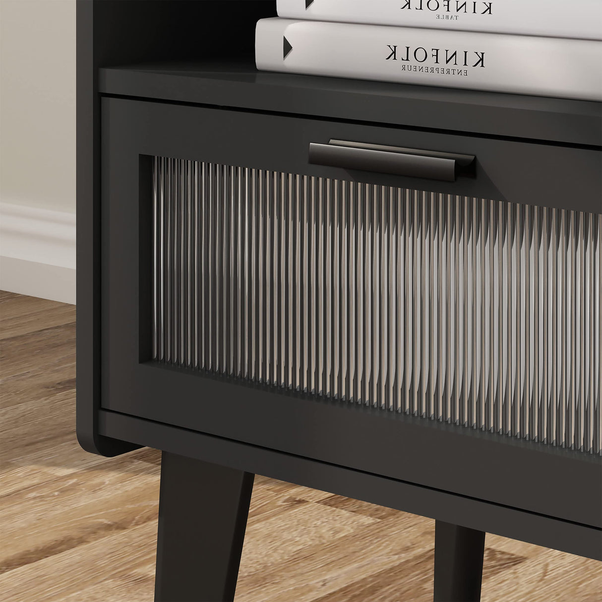 MMEOLUOOK Nightstand with Charging Station, Bedside Tables, End Table Side Table with 2 Tiers Storage Space, for Bedroom, Living Room, Black MLBZ07BE MMEOLUOOK