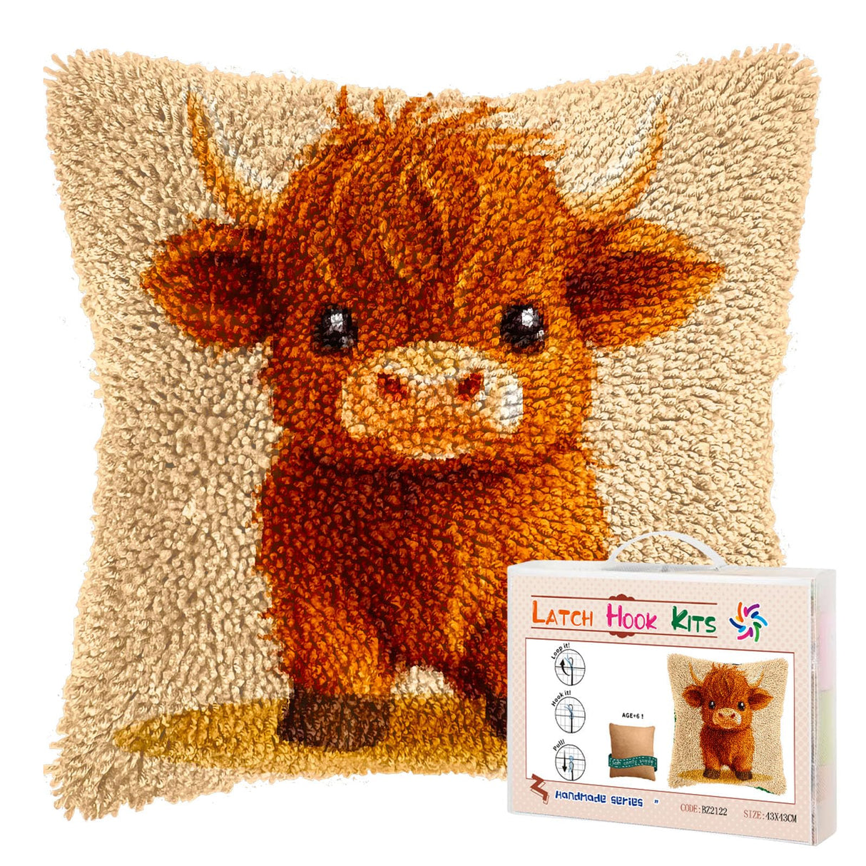 Latch Hook Pillow Kits for Adults Cute Baby Highland Cow DIY Pillow Cover Printed Pillowcase Crochet Hooking Yarns Handmade Cushion for Home Sofa Decoration 17x17inch(8) Generic