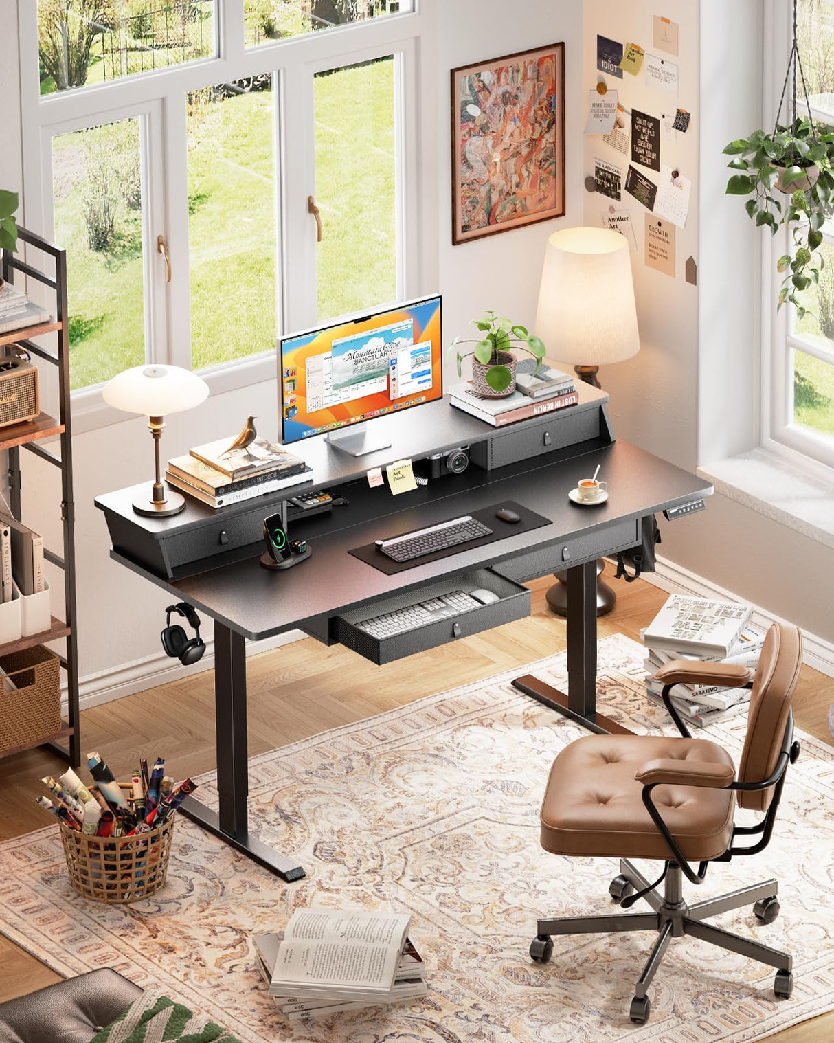 ErGear Electric Standing Desk with Drawers, 48" x 30" Height Adjustable Desk with Storage, 4 Memory Preset Computer Home Office Desk with Cable Management Tray, Black ErGear