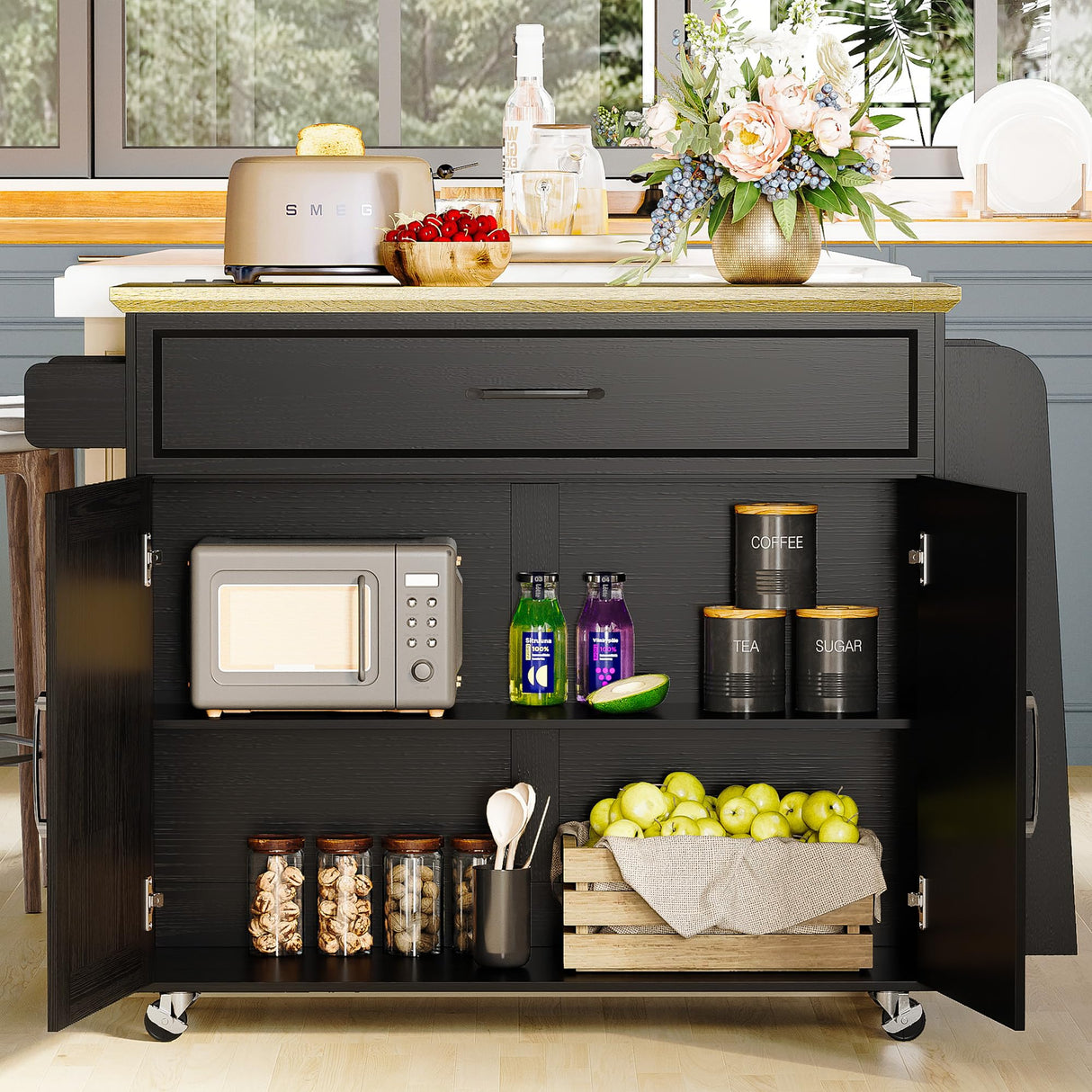 IRONCK Kitchen Island Cart with Storage, Rolling Kitchen Table with Power Outlet, Storage Cabinets on Wheels with Drop Leaf, Portable for Dining Room, Black IRONCK