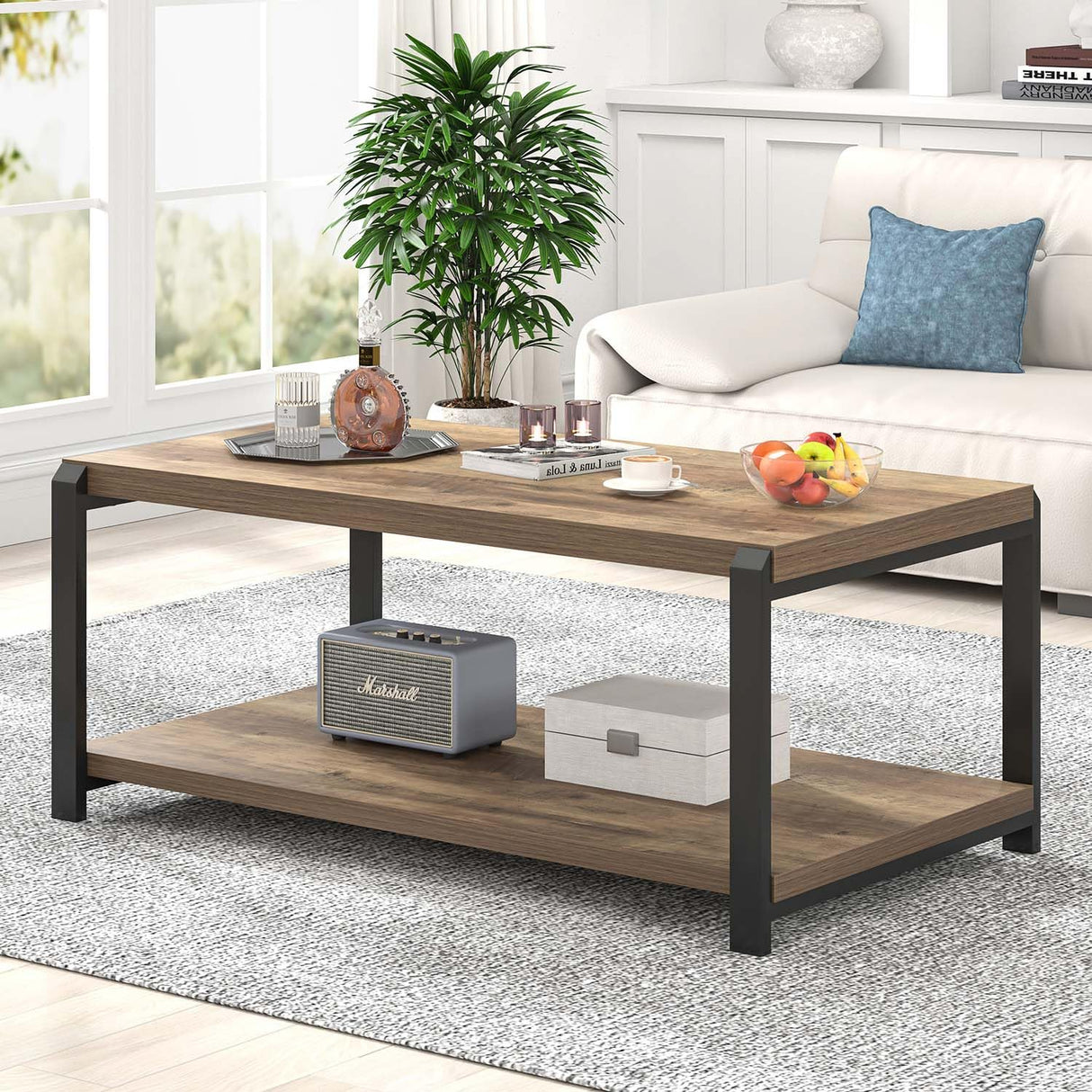 EXCEFUR Modern Coffee Table, Rustic Wood and Metal Center Table for Living Room, Industrial Rectangle Cocktail Tea Table with Storage, Oak EXCEFUR
