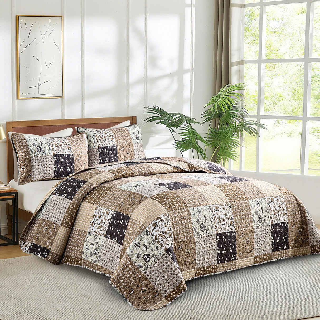 Menghomeus Brown Quilt Set King Boho Patchwork Bedspread Floral Coverlet Reversible Bed Quilt Set All Season Soft Microfiber Bedding Farmhouse Bed Sets, 104"x90" Menghomeus