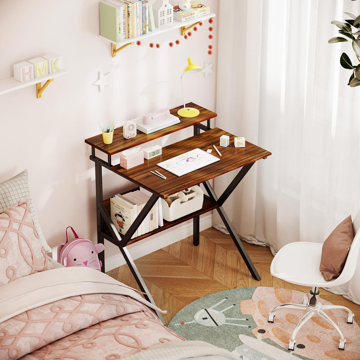 ODK Small Desk, 27.5 Inch Small Computer Desk for Small Spaces, Compact Desk with Storage, Tiny Desk Study Desk with Monitor Stand for Home Office, Espresso ODK