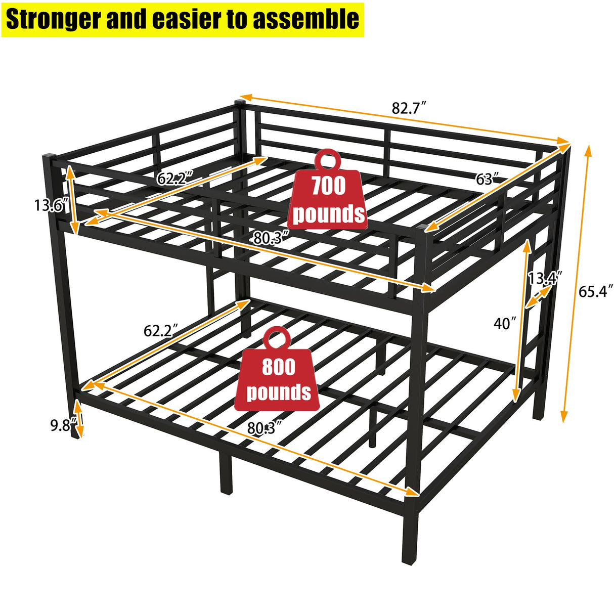 TIHWOALL Latest Upgrade & Stronger Steel Bunk Bed Queen Over Queen Size Bunkbed, Thickened Metal More Stable Heavy Duty Safer Bunk Queen Bed Frame (Easier Assembly) TIHWOALL