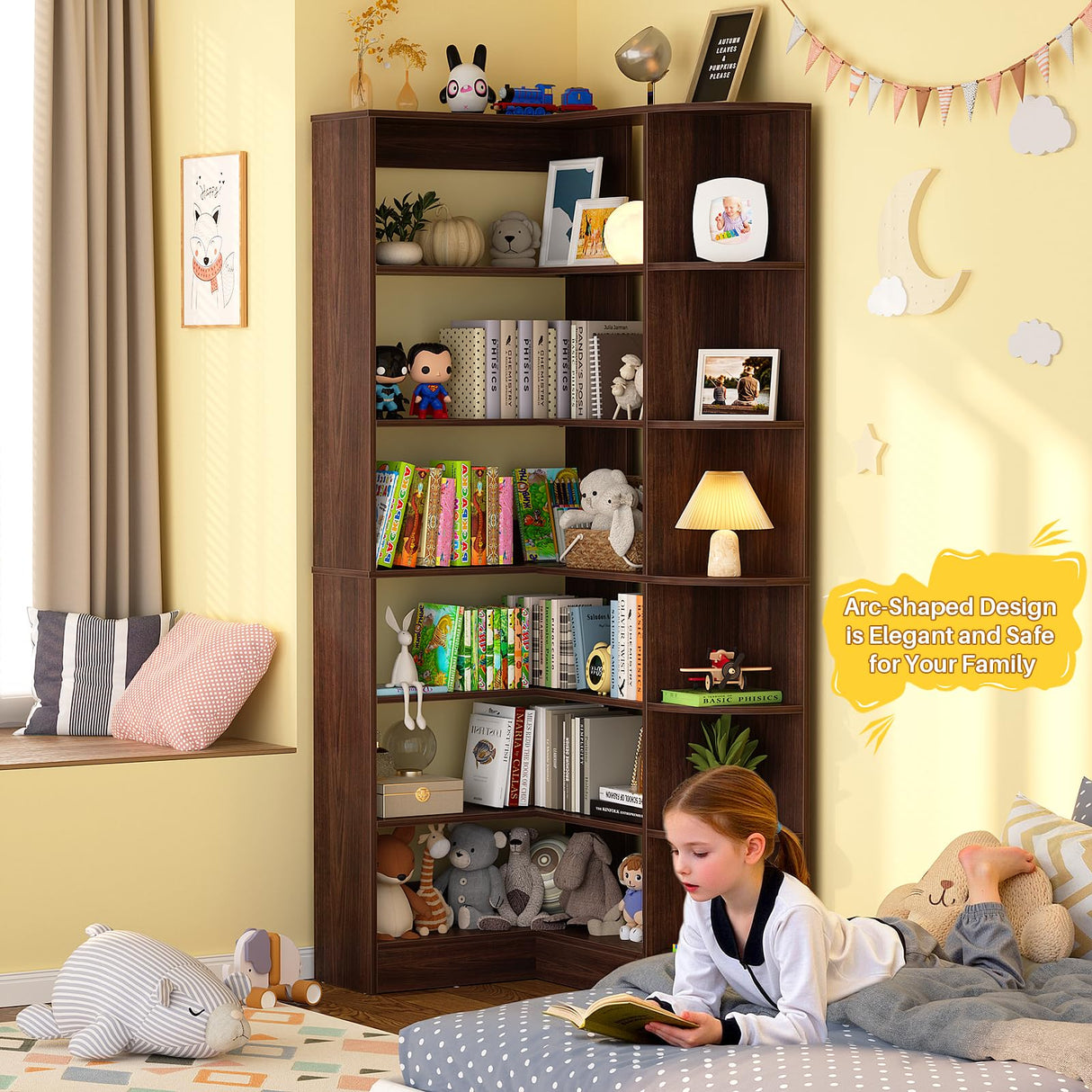 Cyclysio Corner Shelf 6 Tiers Large Tall Corner Bookshelves with Baffle, 71" L-Shaped Bookcase Display Shelves with Open Storage for Bedroom, Home Office, Living Room & Kitchen (Black Walnut) Cyclysio