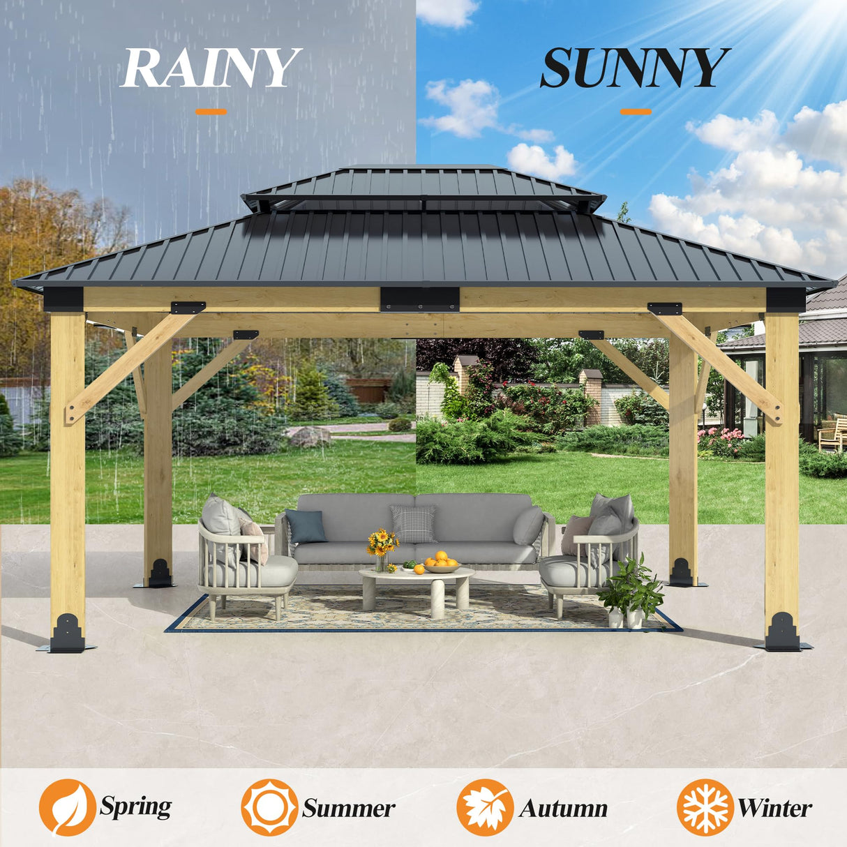 13’x15’ Outdoor Wooden Gazebo - Patio Galvanized Steel Gazebos with Double Vented Roof, Heavy-Duty Cedar Wood Gazebo for Garden, Lawn, Poolside, Backyard Deck GARTOO