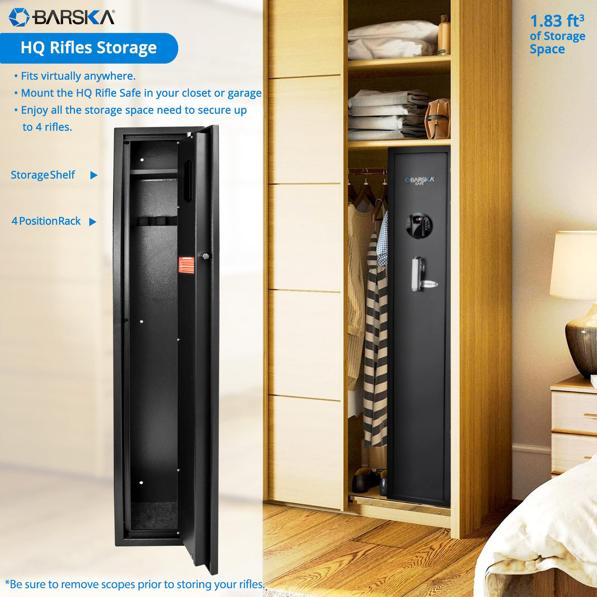 BARSKA AX12760 Keypad Biometric Fingerprint 4 Position Rifle Safe 1.83 Cubic Ft, Black BARSKA