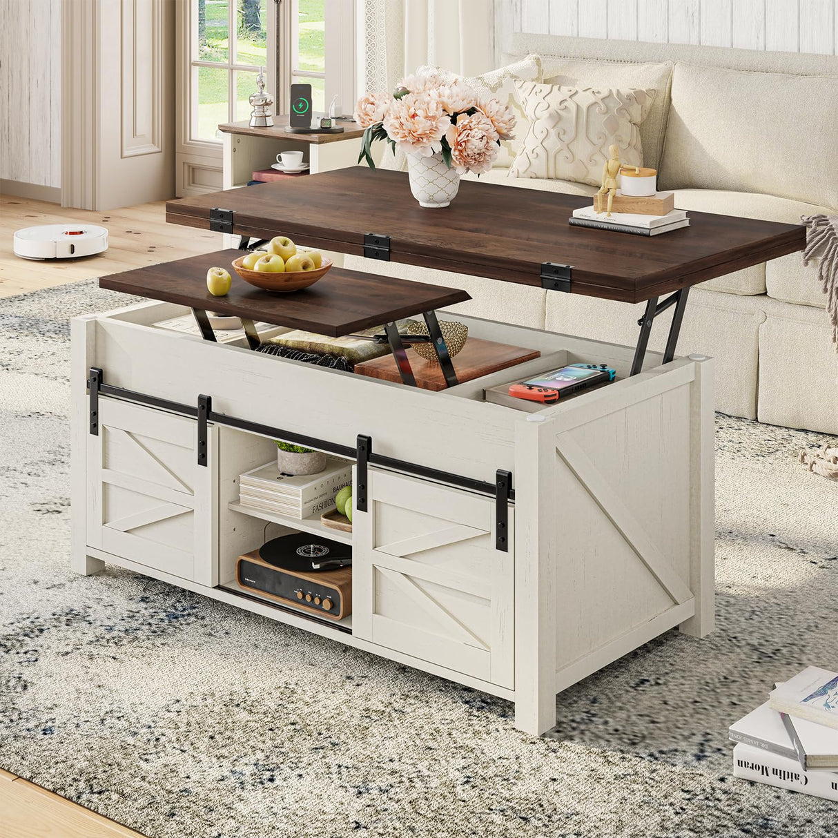 UPOSOJA Lift Top Coffee Table for Living Room with 4 Sliding Barn Doors, 4 in 1 Farmhouse Coffee Table with Adjustable Shelves and Hidden Storage Compartment, Converts to Dining Table (Brown White) UPOSOJA
