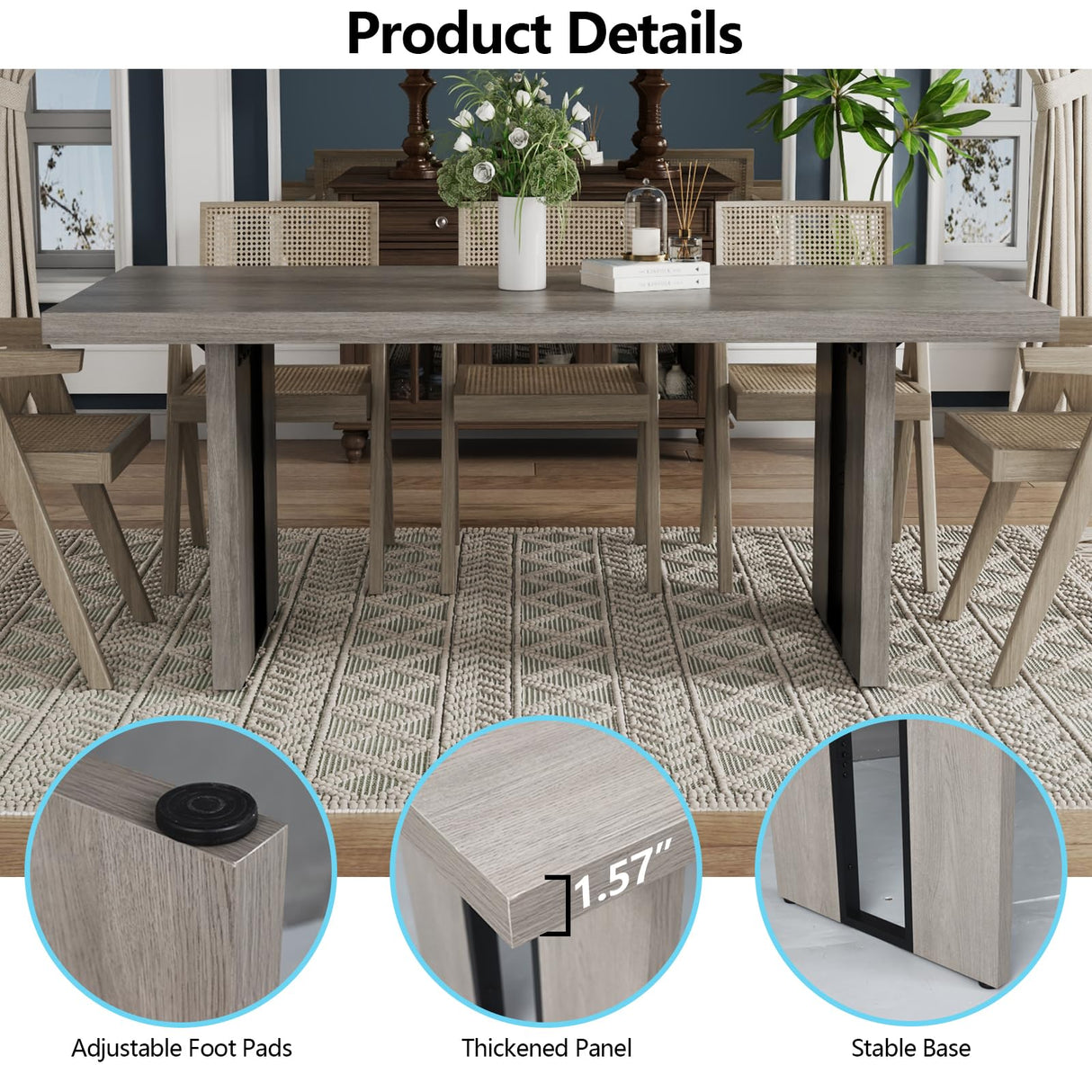 Gyfimoie 71" Large Dining Table, Rustic Farmhouse Dinner Table for 6 to 8 People, Rectangular Thick Kitchen Table with Heavy Duty Legs for Dining Room (Rustic Gray) Gyfimoie