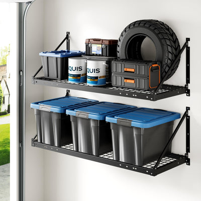 FLEXIMOUNTS 2-Pack 2x4ft Garage Wall Shelving - Heavy Duty Garage Storage Rack, 440 lbs Load Capacity with Brace Guardrail, Organization System for Tools, Heavy Bins, Sports Equipment, Utility Room