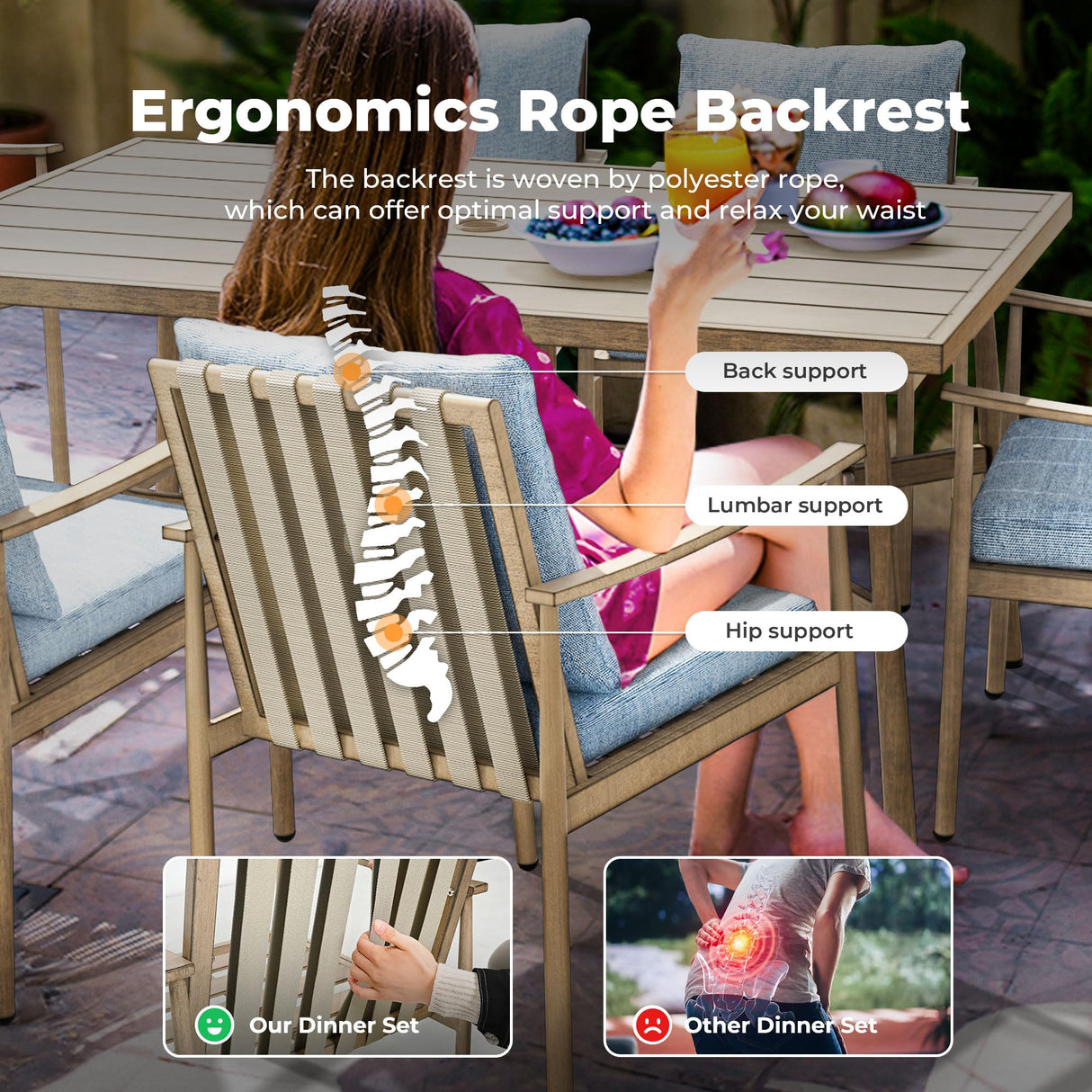 HAPPATIO 7-Piece Outdoor Dining Set for 6, Aluminum Patio Dining Set Includes 6 Dining Chairs and 1 Large Rectangular Table with Umbrella Hole, Patio Furniture Set for Lawn, Porch, Backyard, Brown HAPPATIO