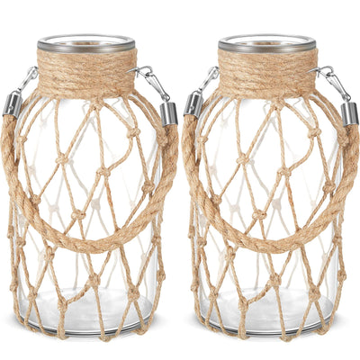 Set of 2 Rope Net Dry Flower Glass Vase 7.9 x 4 Inches Wicker Farmhouse Vase Coastal Decor for Wedding Tables Home Rustic Hanging Mason Jar Rope Wrapping Decorative Bottles Nautical Decor