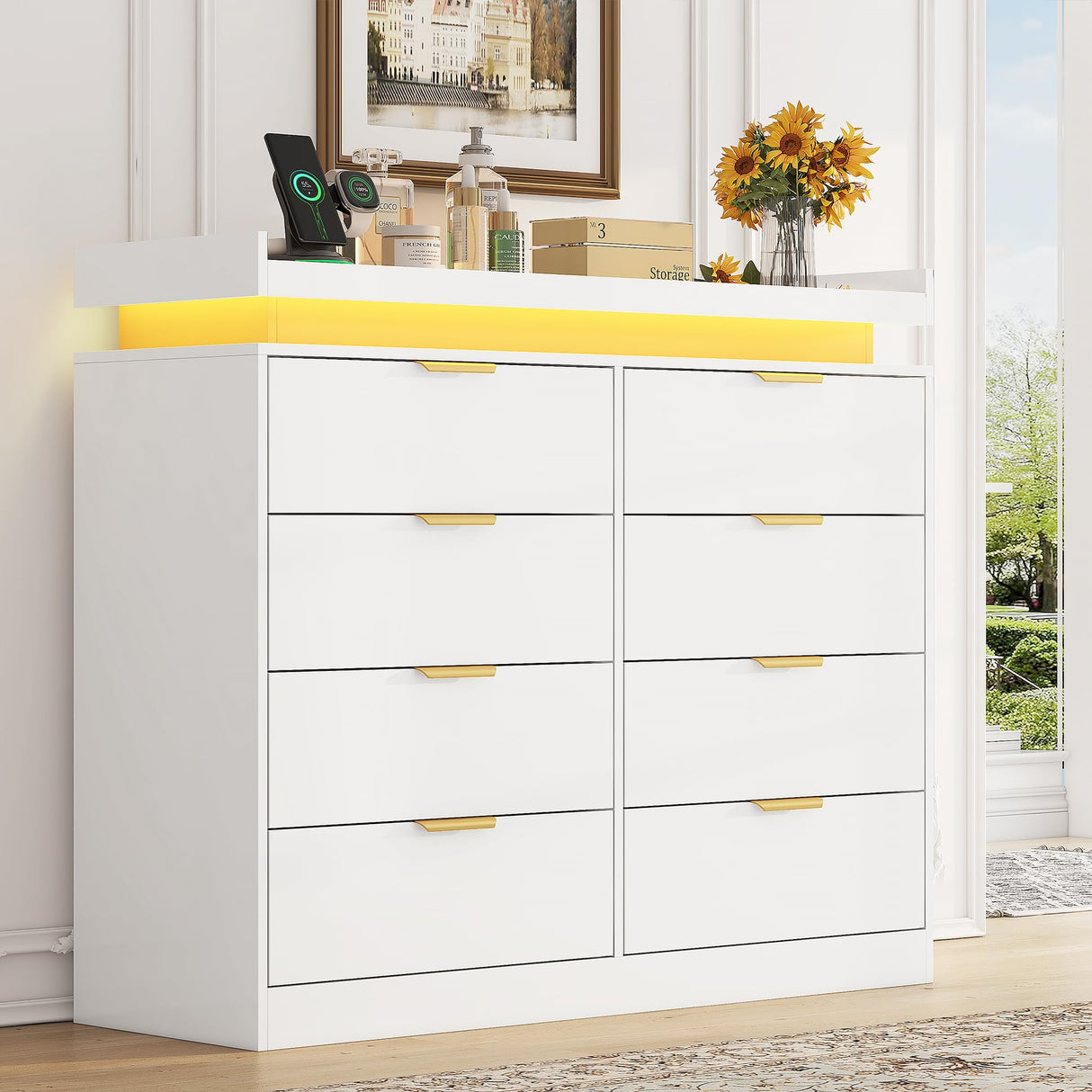 UNIQUITE 8 Drawer Dresser for Bedroom, White Dresser with LED Lights and Power Outlet, Wooden Dressers Chests of Drawers, Double Wide Dressers for Bedroom, Living Room, Hallway UNIQUITE