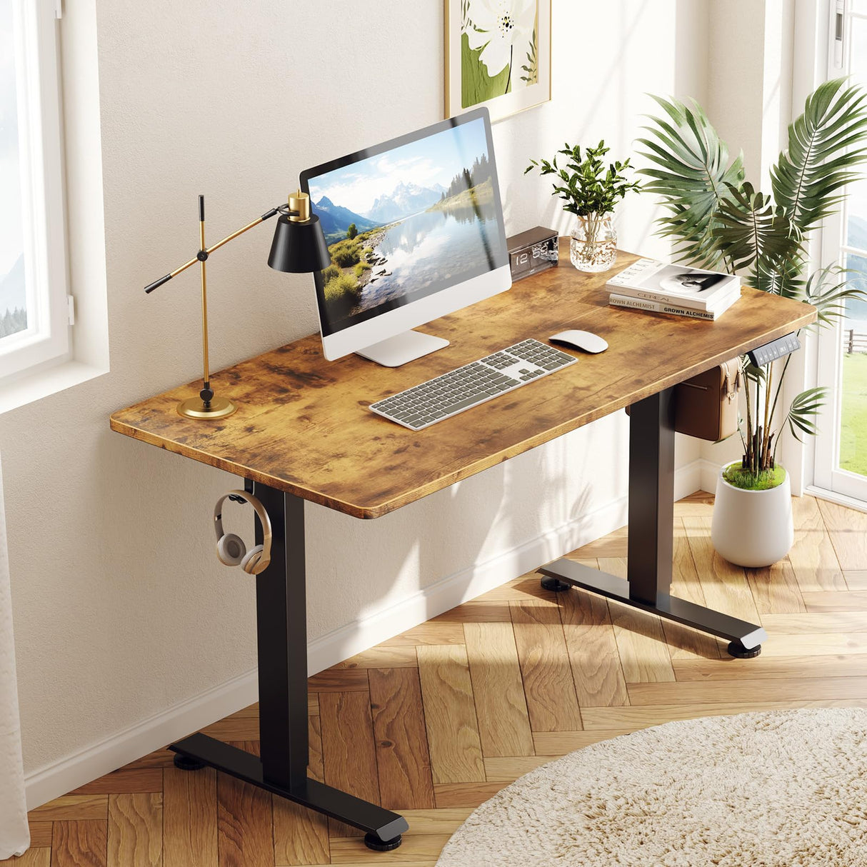 Veken 55 Inch Electric Standing Desk, Height Adjustable Sit Stand Up, Wood Desktop, Work Home Office Computer PC Table, Tall Standup Workstation, Writing Study Rising Desks, Brown Veken