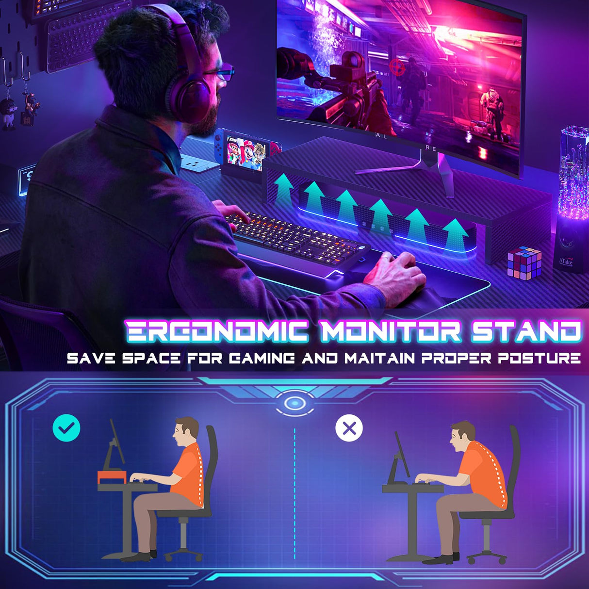 Homieasy Small Gaming Desk with Power Outlets Pegboard LED Light, 43 Inch L Shaped Computer Desk with Monitor Stand Storage Shelves, Reversible Corner Desk with Headset Hooks, Carbon Fiber Black Homieasy