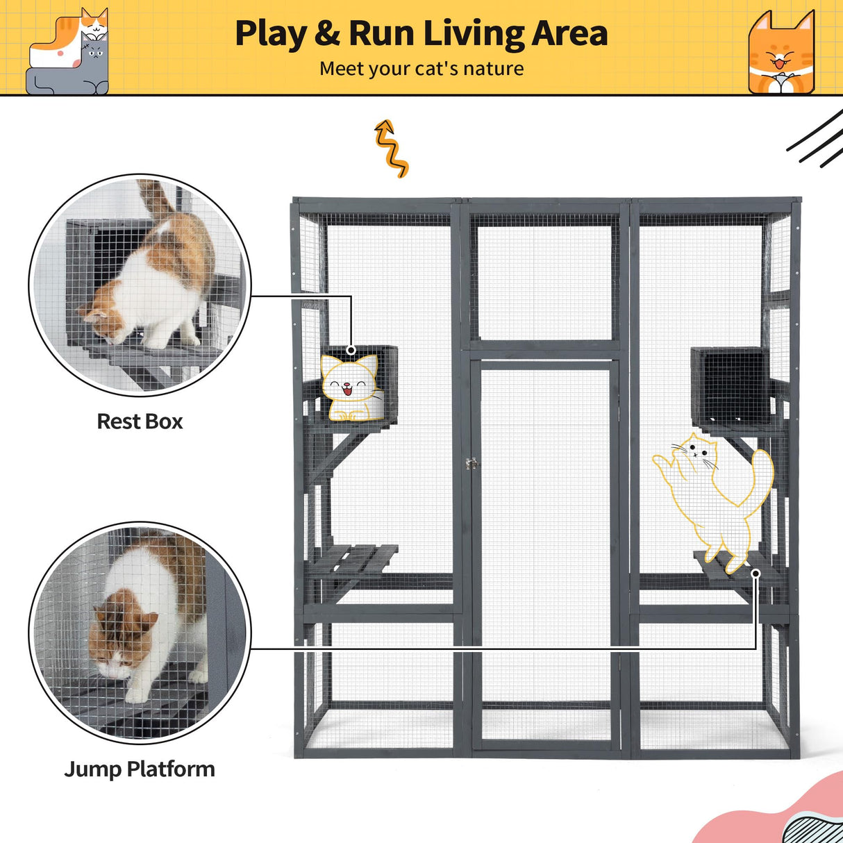 COZIWOW 70Inches Large Spacious Wooden Outdoor Cat Catio with Perches and Condos, Cat Cage Enclosure Indoor Kitty Window Kennel with Waterproof Roof, 7 Platforms & 2 Resting Box, UV Resistant (Grey) COZIWOW
