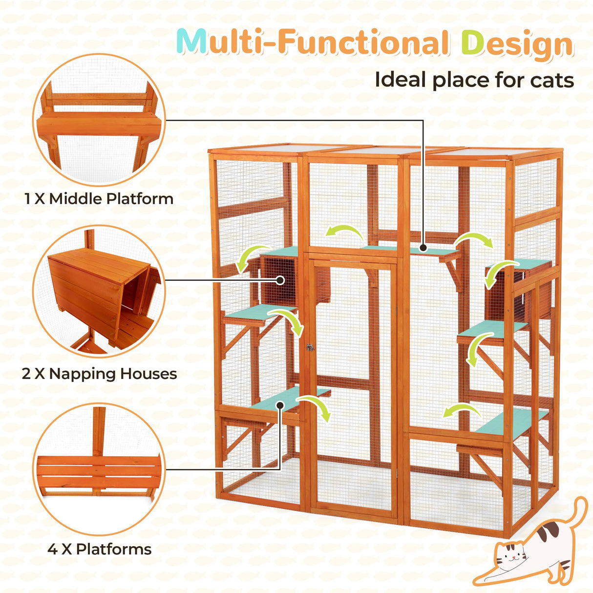 COZIWOW Large Wooden Cat Cage with Perche and Condo, Play Run Enclosure Indoor Kitty Window Kennel with Waterproof Roof, 7 Platforms & 2 Resting Box, 62.4" L x 32.4" W x 70" H, Deep Orange COZIWOW