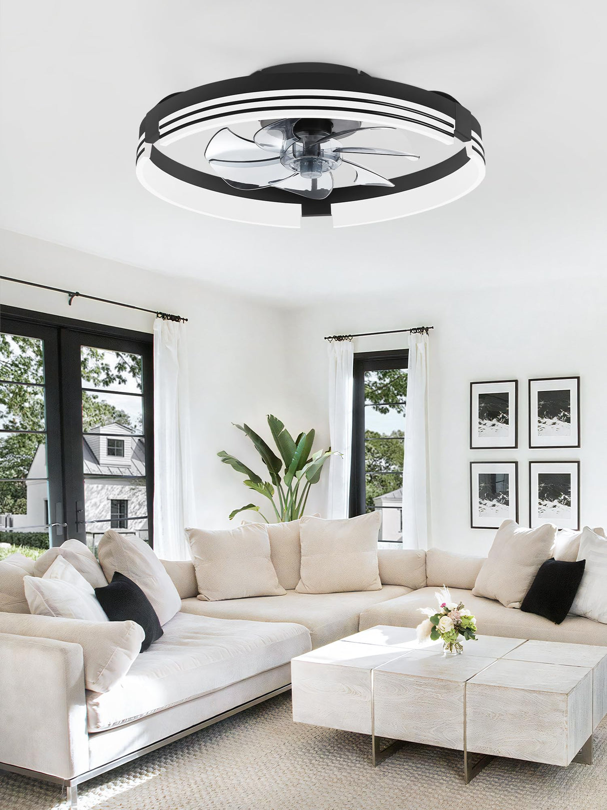 ZMISHIBO Low Profile Ceiling Fans with Lights and Remote, 20 Inch Flush Mount Ceiling Fan with Light, 3000K-6000K Dimmable Fandelier LED Fan Light, 6 Wind Speeds Black Ceiling Fans for Bedroom ZMISHIBO