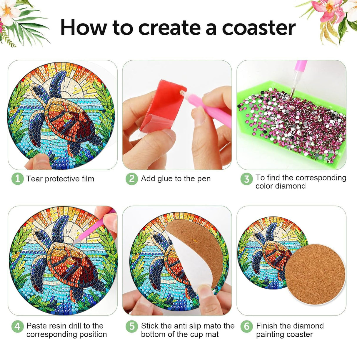 8 Pieces Diamond Art Painting Coasters Kit, Sea Turtle Diamond Art Coaster, DIY Diamonds Craft Kits for Adults and Beginners (Turtle Style) croshom