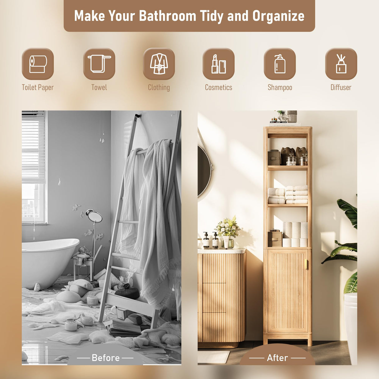 INNOD 68'' Tall Narrow Storage Cabinet with Adjustable Shelf and Door, Bathroom Storage Cabinet, Space Saver for Bathroom, Kitchen, Living Room, Natural Oak INNOD