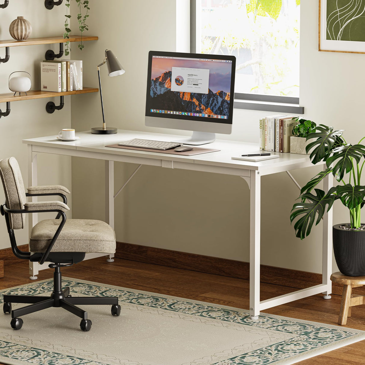 Huuger Computer Desk, 63 Inch Office Desk, Gaming Desk with Storage, Writing Desk Work Desk for Home Office, Study, Modern Simple Desk, Large Legroom, Metal Frame, White Huuger