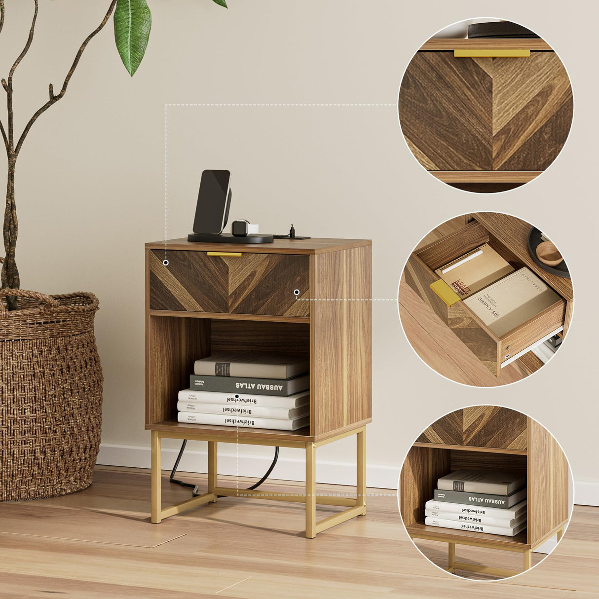 Masupu Nightstand with Charging Station,Modern Night Stand Boho Farmhouse Wood Bedside Table with Storage Drawer Side End Table for Bedroom,Living Room,Office,Walnut Brown with Outlet Masupu