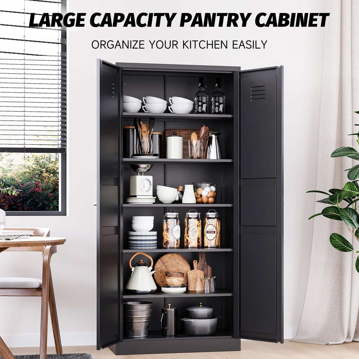 Metal Storage Cabinet with Doors and Shelves,Metal Pantry Cabinet,Black Craft Storage Cabinet,Ventilated Pantry Storage Cabinet,Large Tall Closet Cupboard for Home,Kitchen,Dining/Living/Laundry Room SISESOL