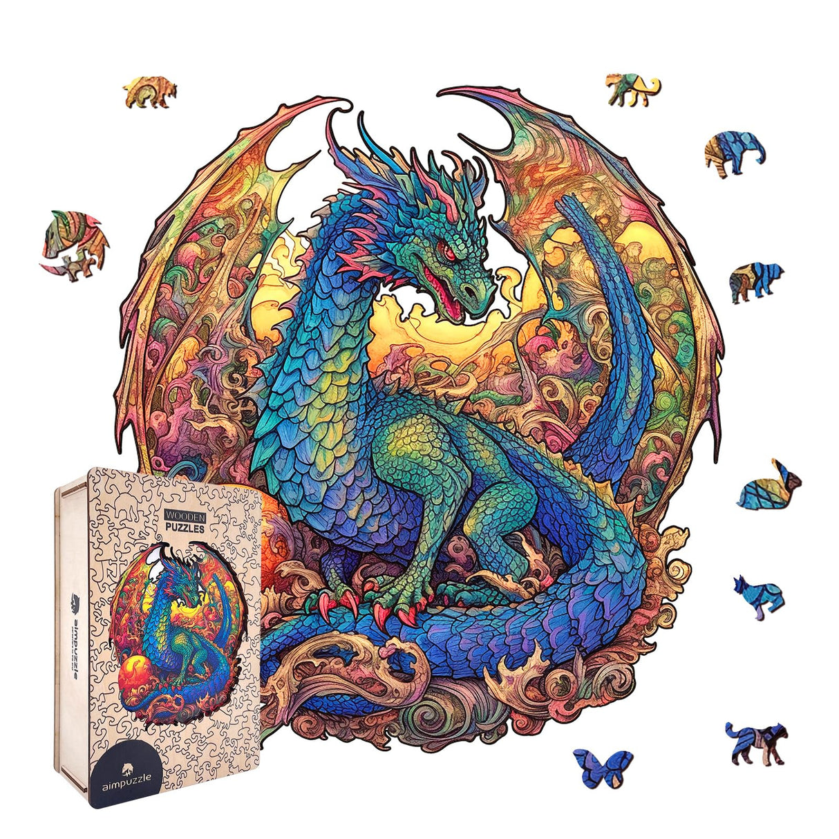 Dragon Wooden Puzzles for Adults Kids, Unique Animal Shaped Cool Wooden Jigsaw Puzzles, Premium Box Wood Cut Puzzles for Teens, Best Family Ideas (L-11.8 * 11.2 in-229pcs) AIMPUZZLE