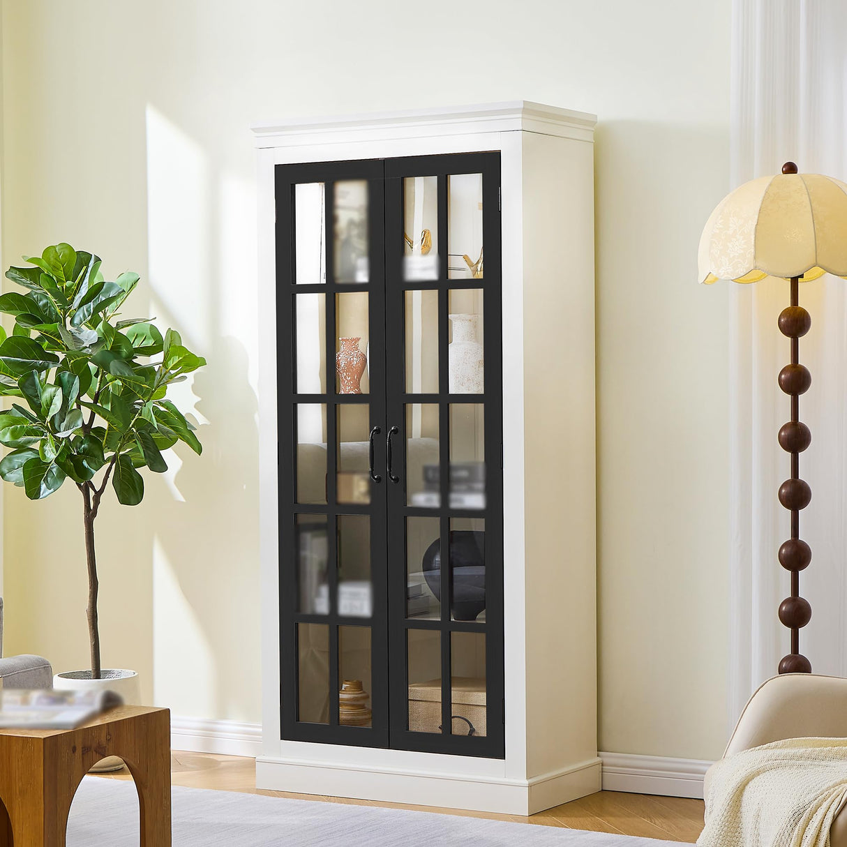 71.2" Rustic Display Cabinet, Farmhouse Pantry Stoage Cabinet with Glass Doors & Lattice Window, Tall Wooden Curio Cabinet with Adjustable Shelves for Hallway Living Room Kitchen Office, White+Balck Heliodeck