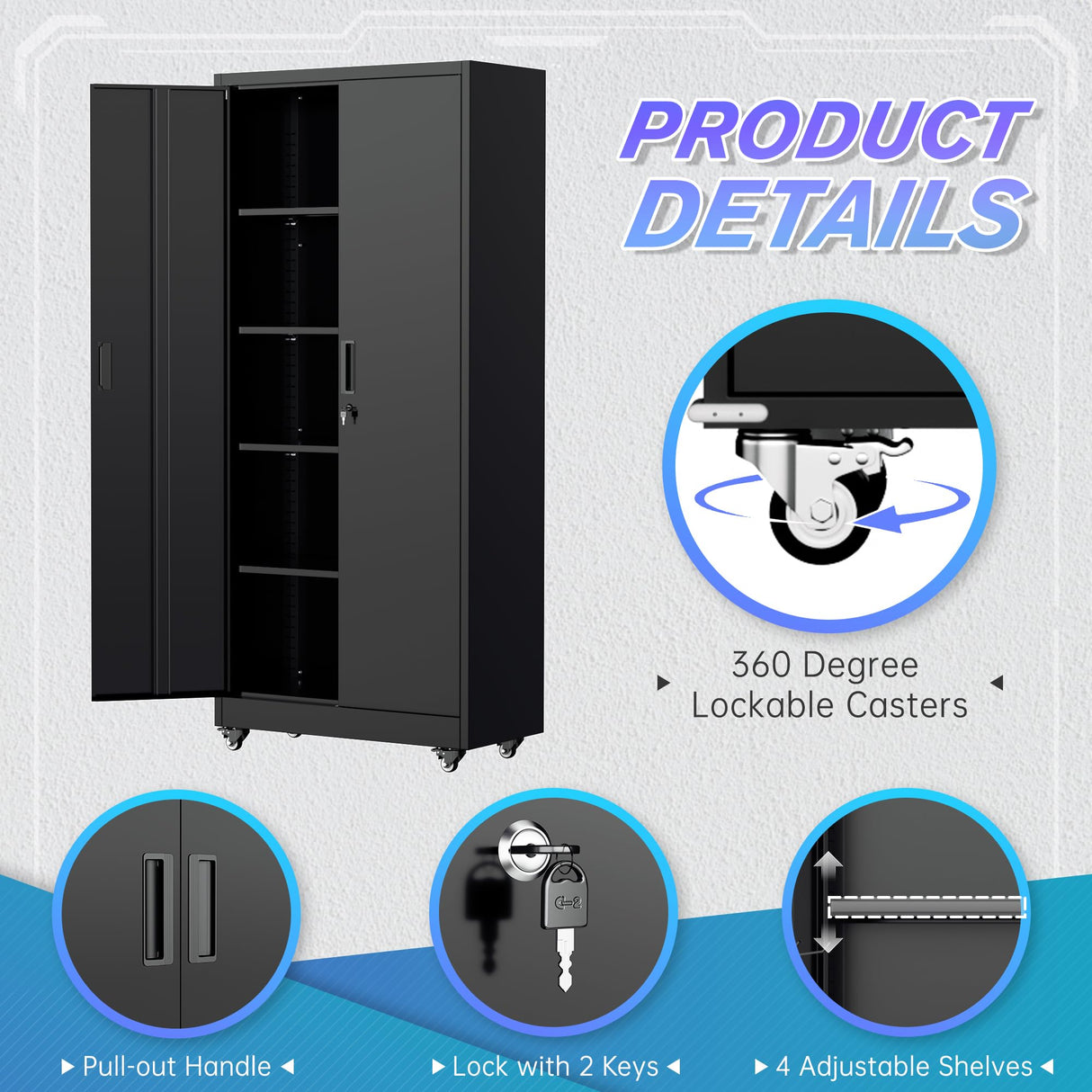 Superday Garage Storage Cabinet with Wheels,73" H Metal Storage Cabinet with Doors and Adjustable Shelves, Lockable Steel Utility Tool Cabinets for Garage, Home Office, Kitchen(Black) Superday