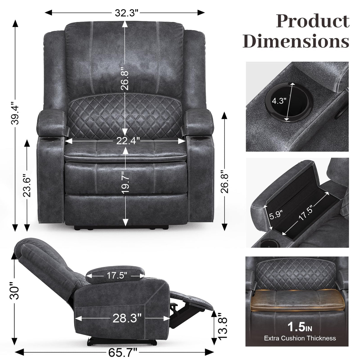 Yolsali Recliner Chairs for Adults, Oversize Manual Reclining Chair with 2-Tier Cushions, Dutch Velvet Recliner Chair with Hidden Storage Space, Living Room Recliner Chairs with Cup Holders - Grey Yolsali