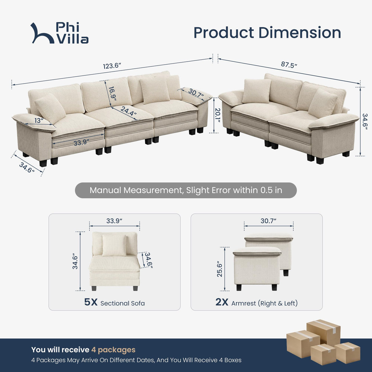 PHI VILLA Cloud Modular Couches Sets, 2 Pieces Comfy Sectional Sofa Set with Loveseat, 5-Seater Upholstered Couch for Living Room, Corduroy, Beige PHI VILLA