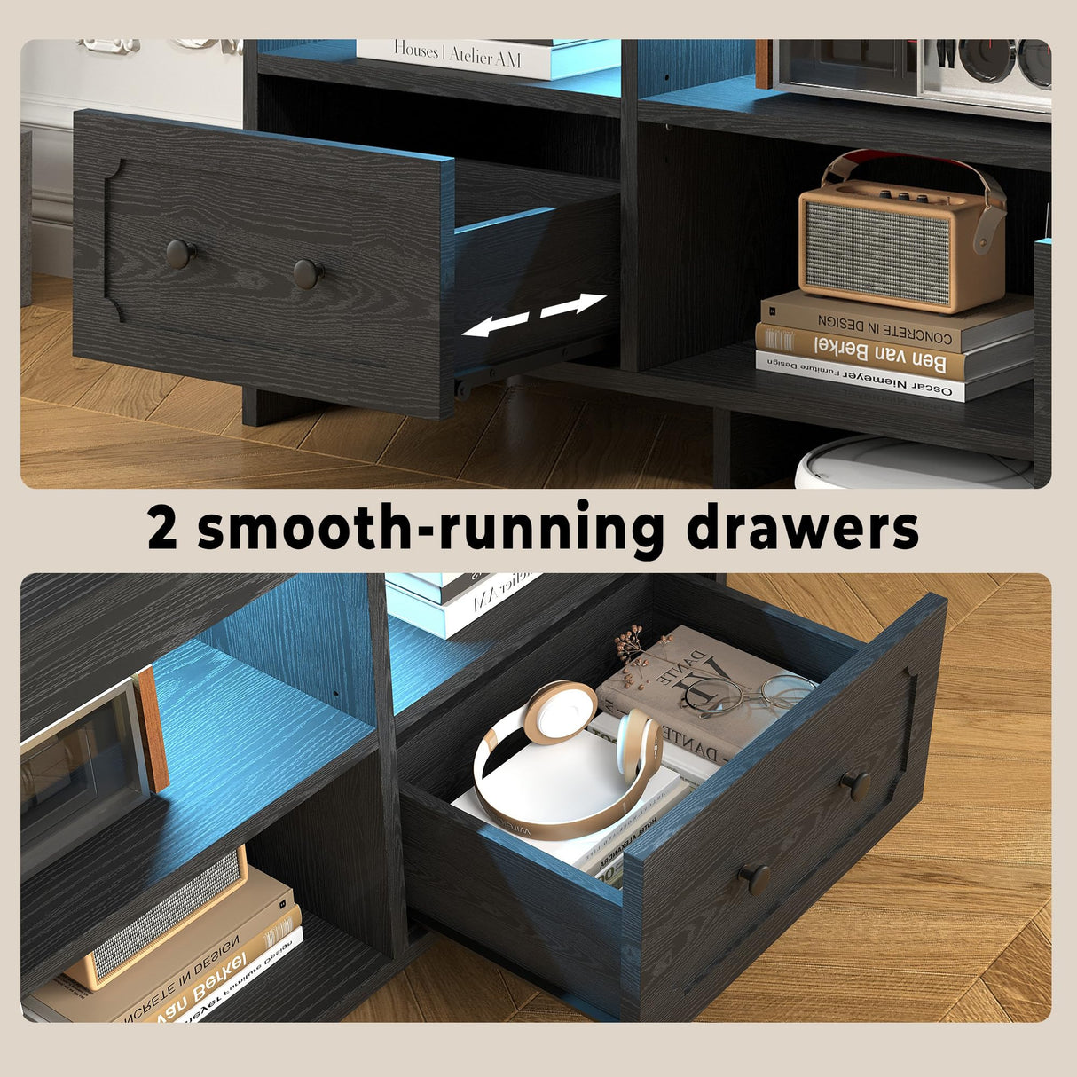 IRONCK TV Stand for 65 Inch TV, 55" LED Entertainment Center with Storage Cabinets, Power Outlets and Open Shelf, Media Console TV Cabinet with Drawers for Living Room, Black IRONCK